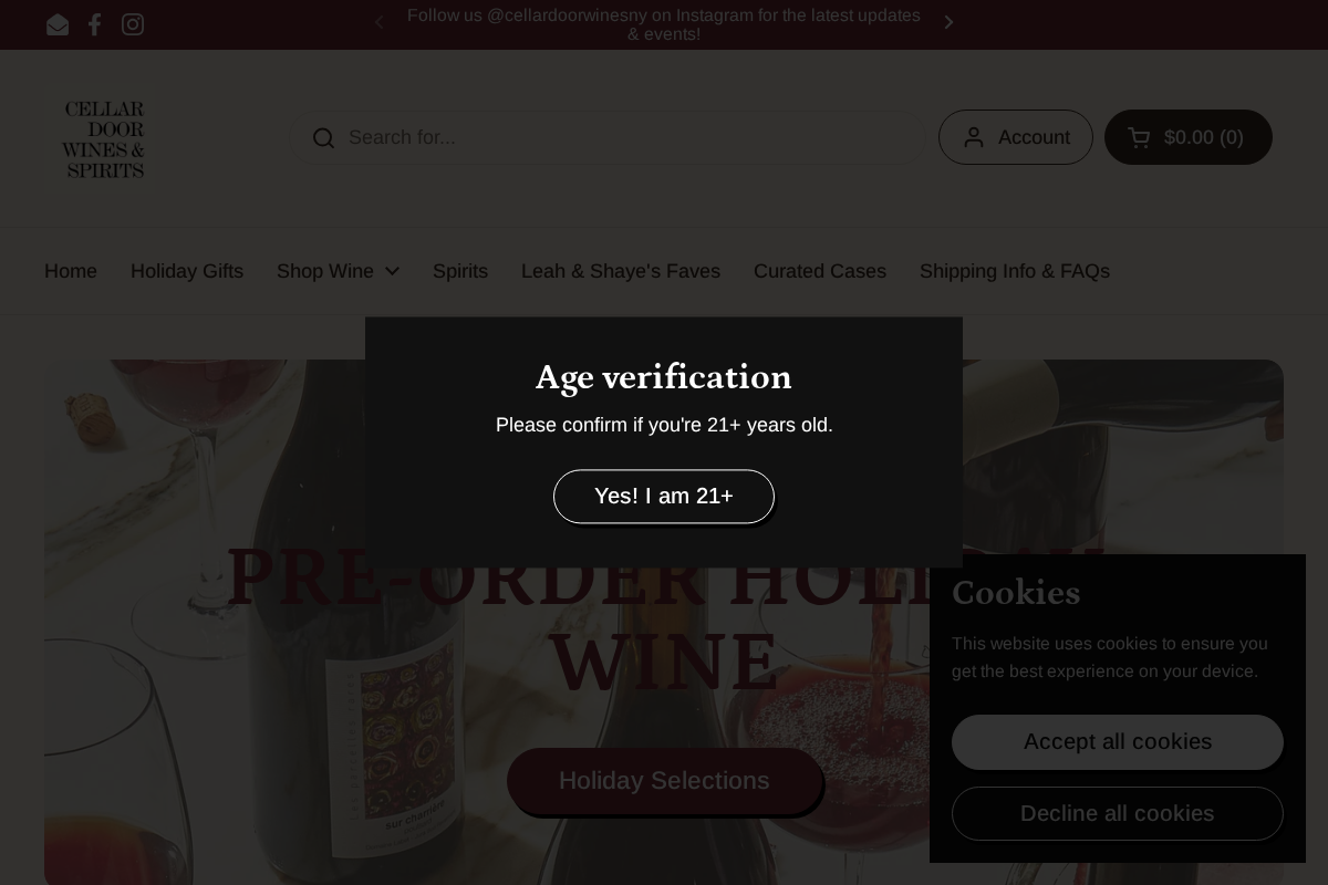 Cellar Door Wines & Spirits homepage screenshot
