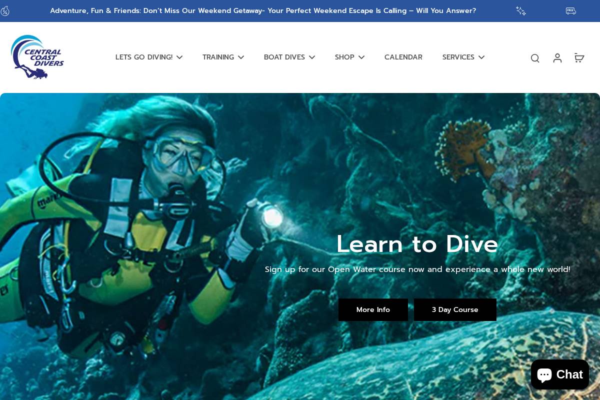 centralcoastdivers.com.au homepage screenshot