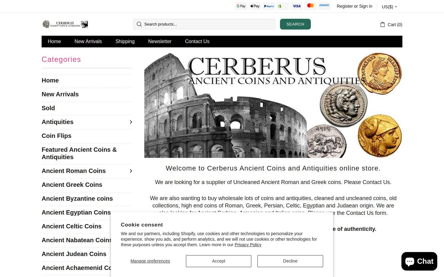 cerberuscoins.com homepage screenshot