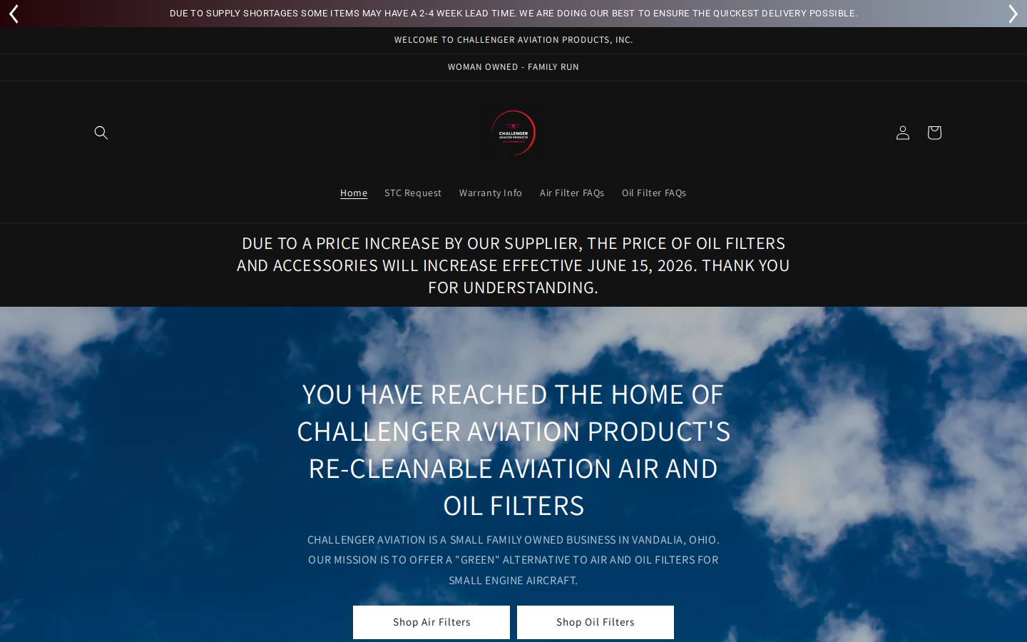 challengeraviation.com homepage screenshot