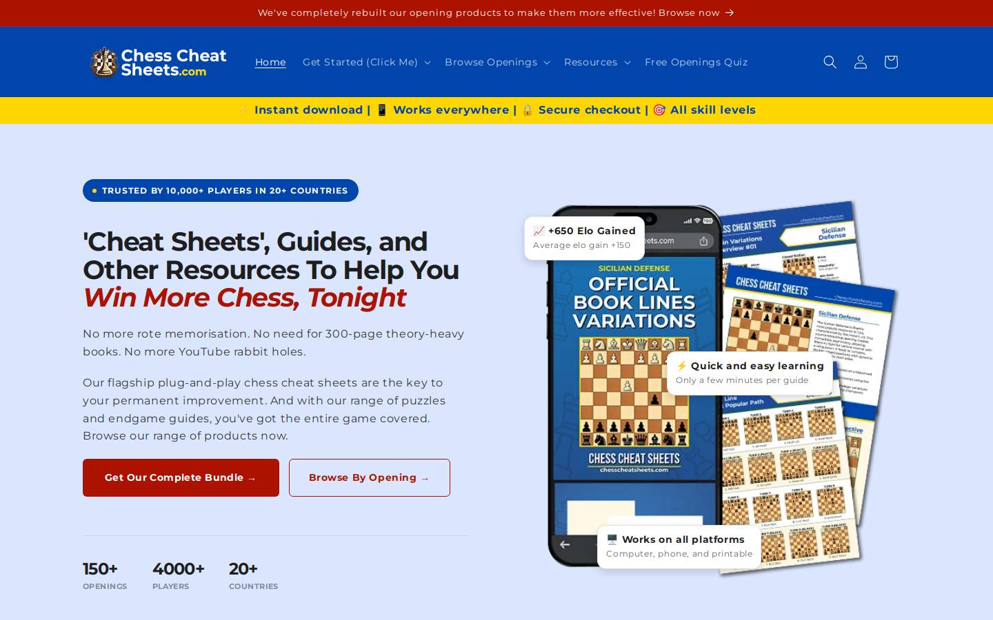 chesscheatsheets.com homepage screenshot