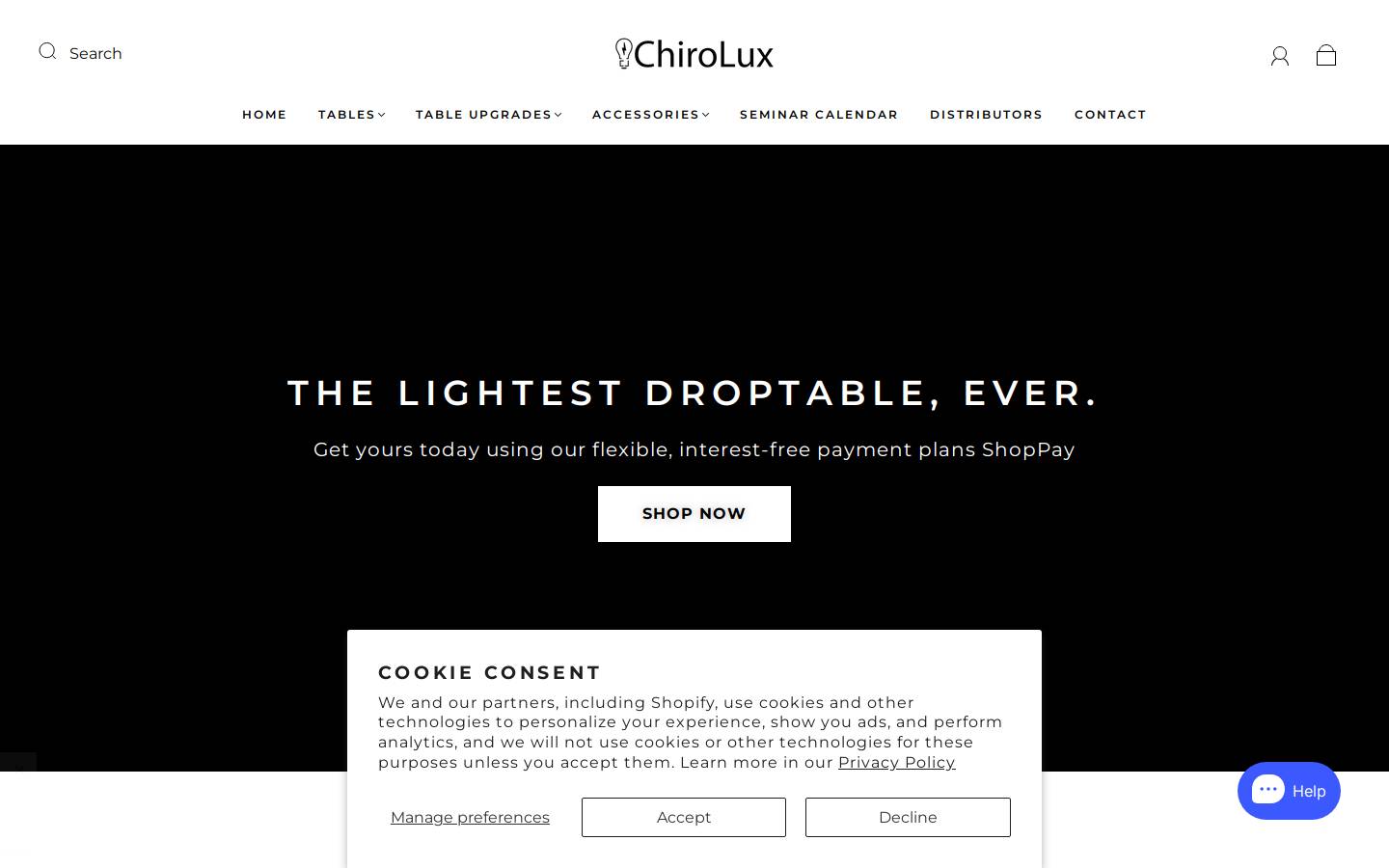 chiroluxtables.com homepage screenshot