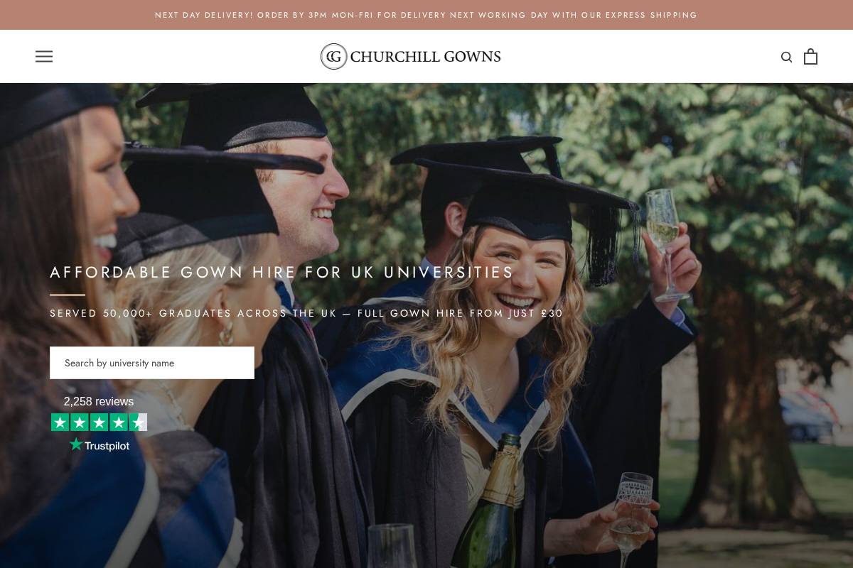 Churchill Gowns UK homepage screenshot