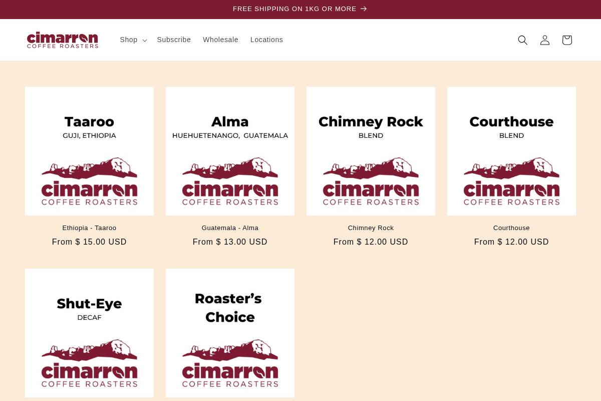 cimarronroasters.com homepage screenshot