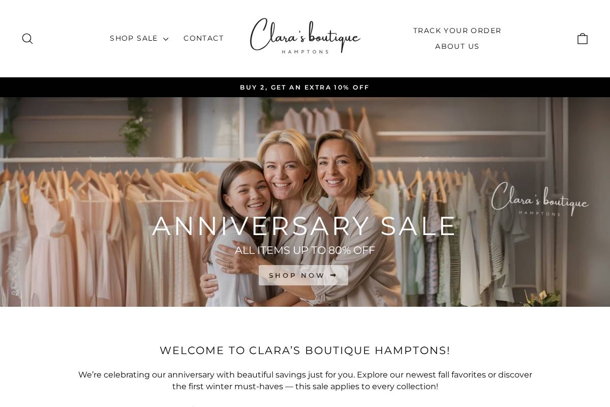 clarasboutiquehamptons.com homepage screenshot