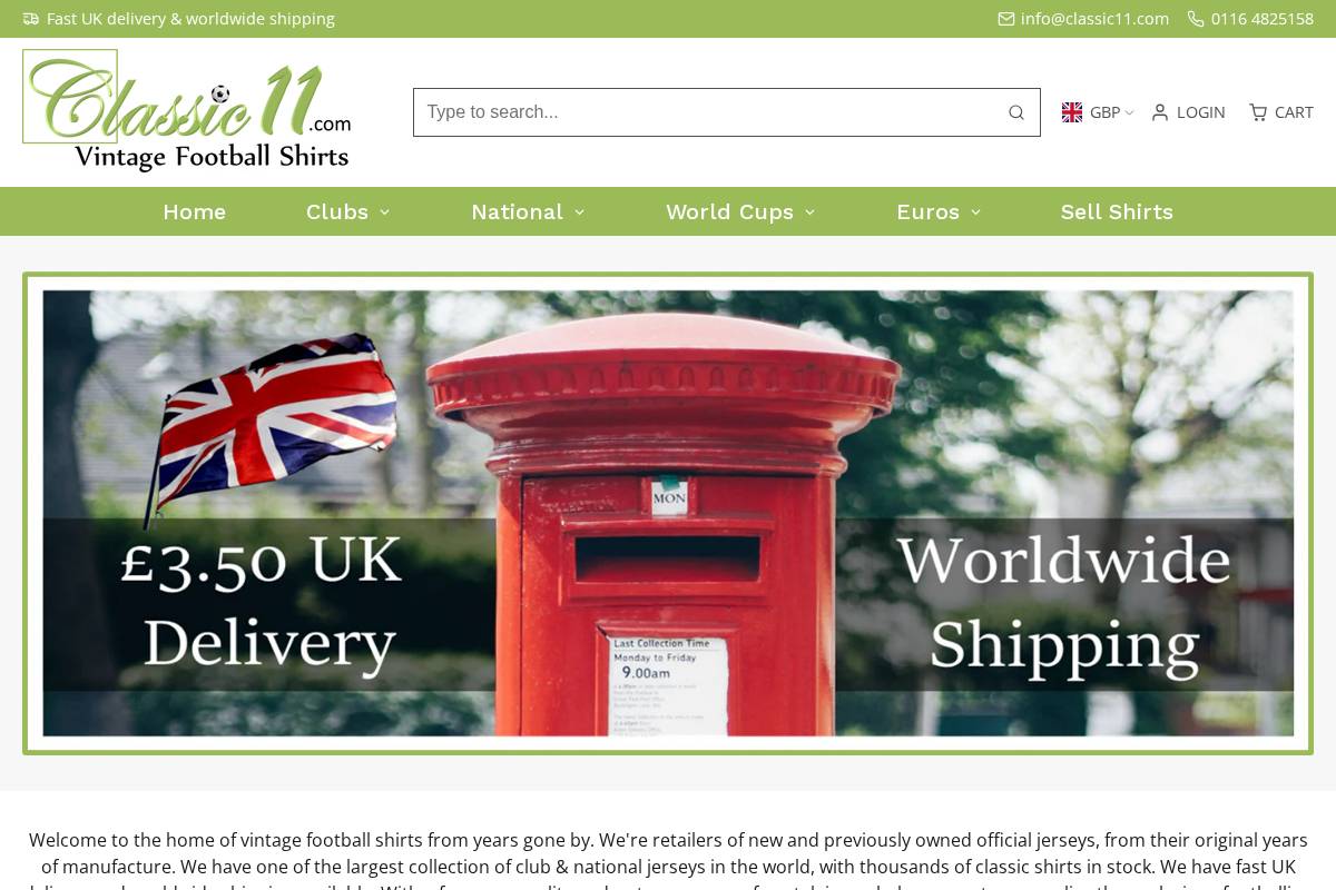 Classic11 Football Shirts homepage screenshot