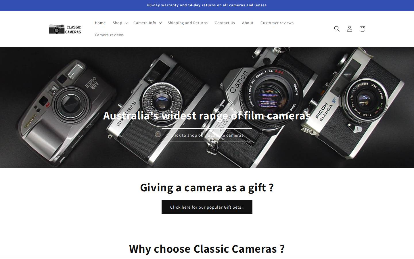 classiccameras.com.au homepage screenshot