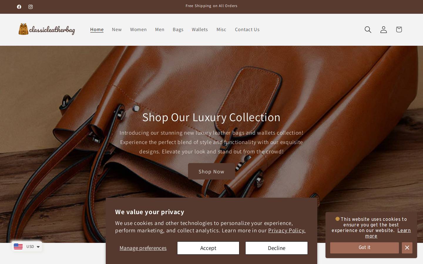 classicleatherbag.com homepage screenshot