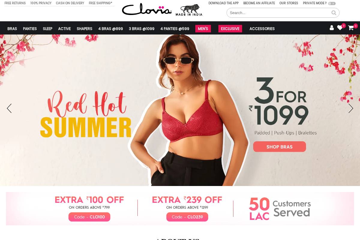 Clovia homepage screenshot