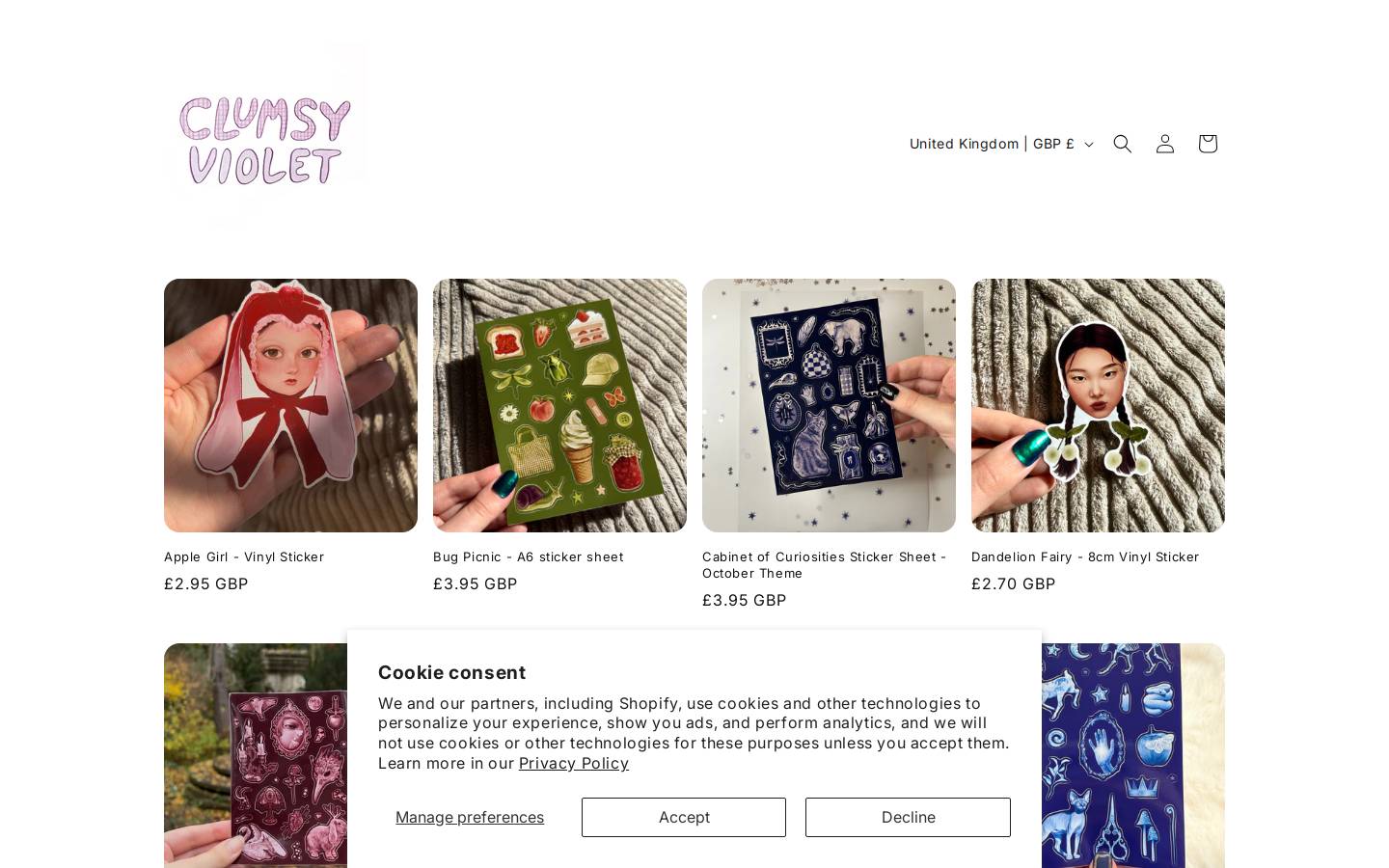 clumsyviolet.com homepage screenshot