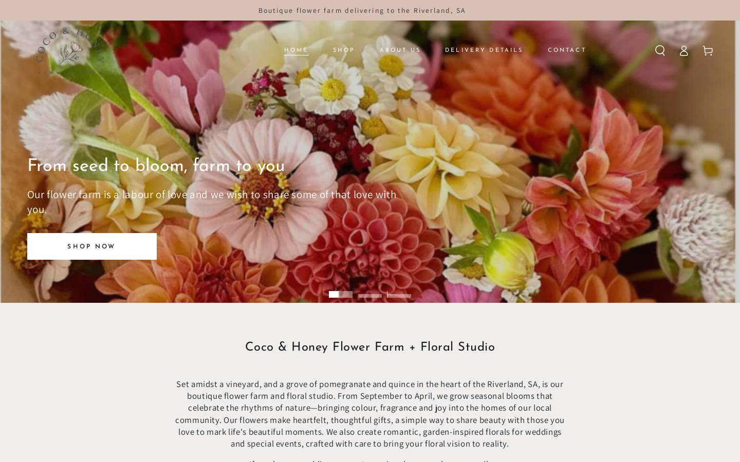 cocoandhoneyflowerfarm.com homepage screenshot