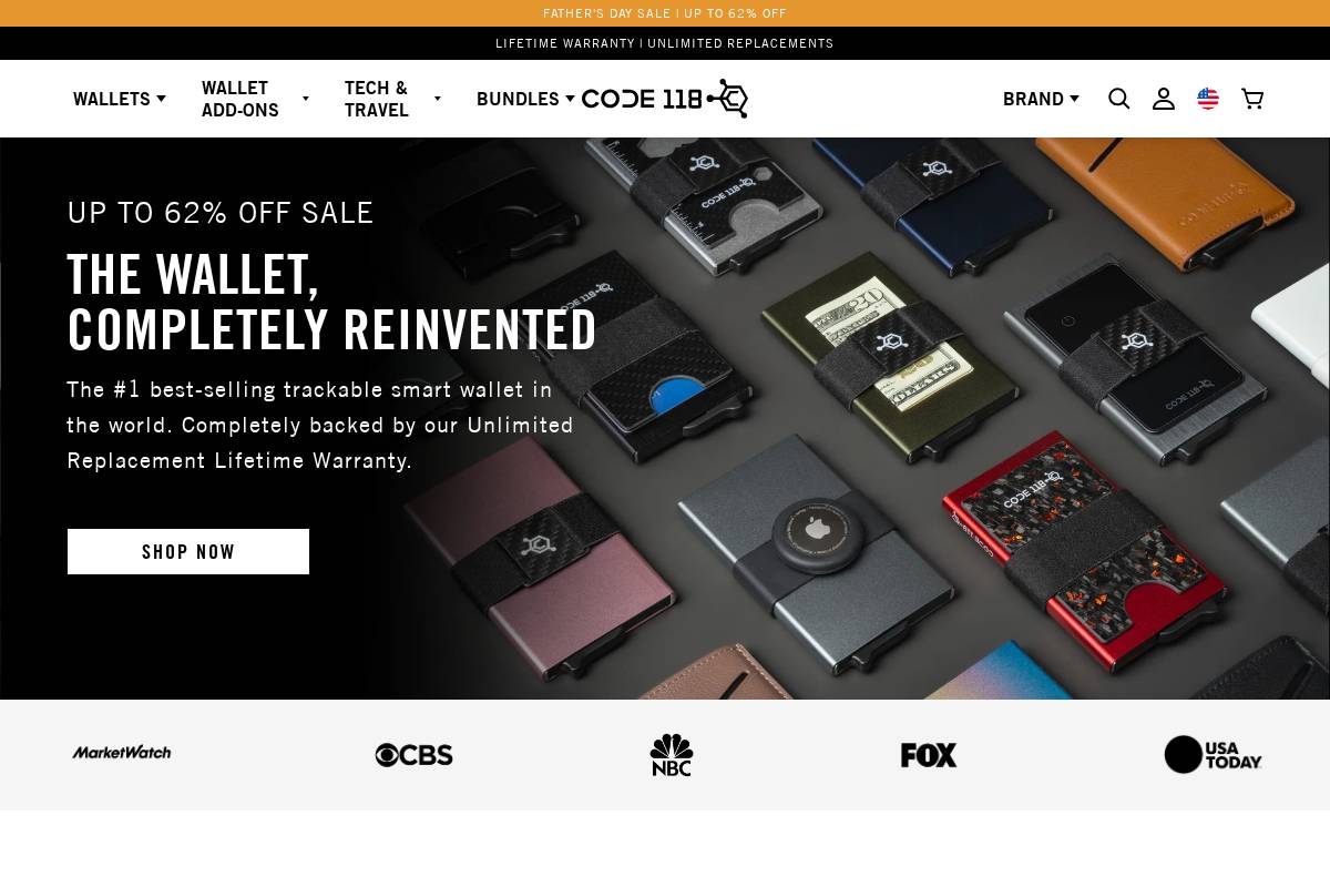 CODE 118® Wallets homepage screenshot