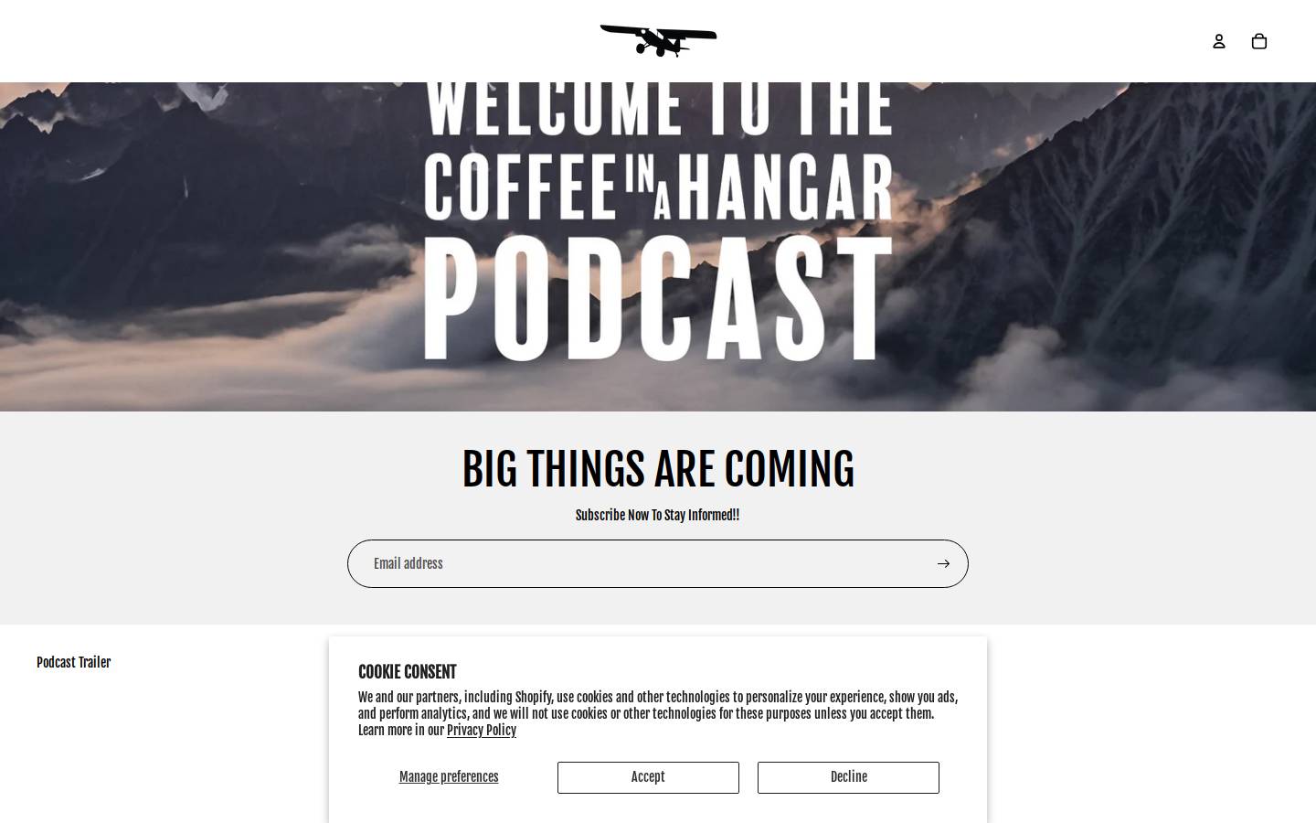 coffeeinahangar.com homepage screenshot