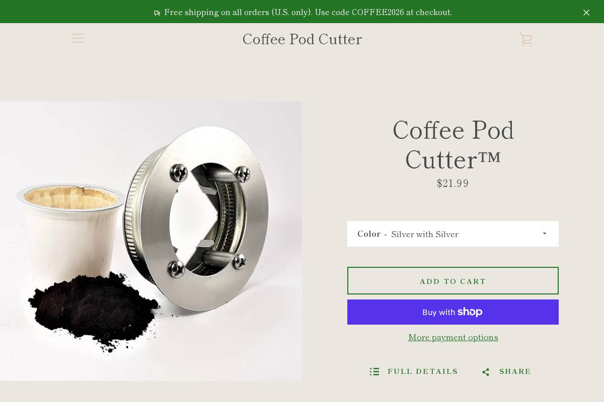 coffeepodcutter.com homepage screenshot