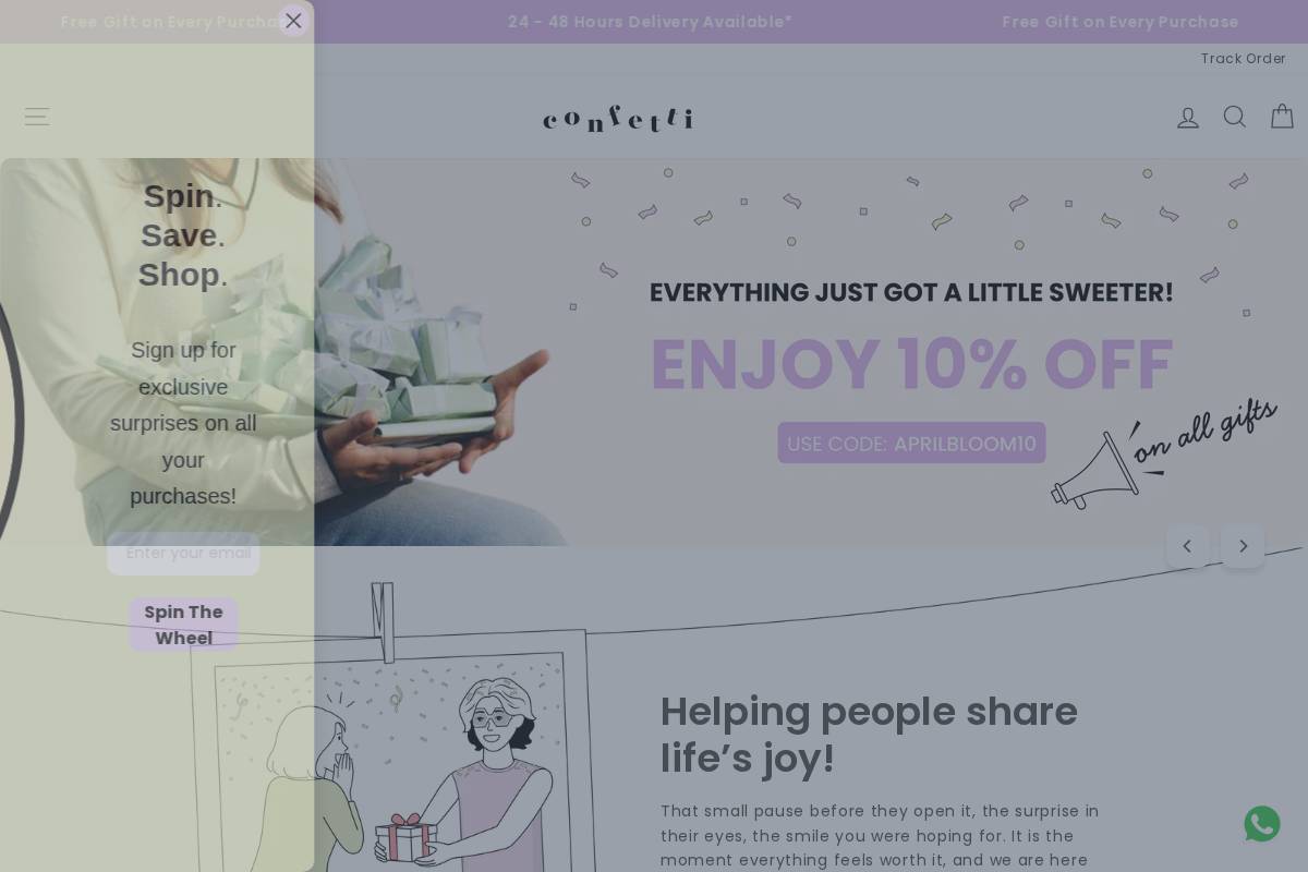 Confettigifts homepage screenshot