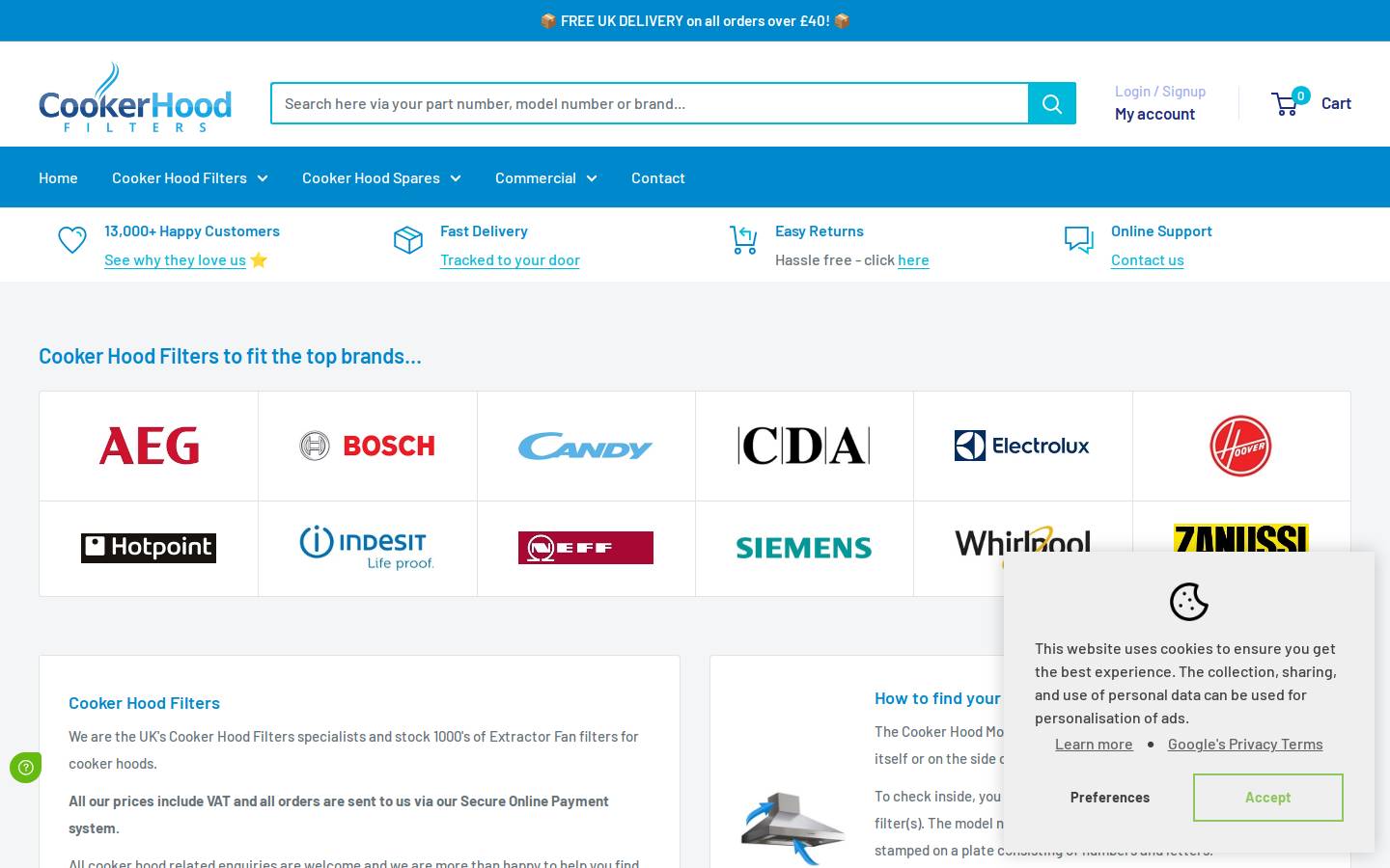 Cooker Hood Filters homepage screenshot