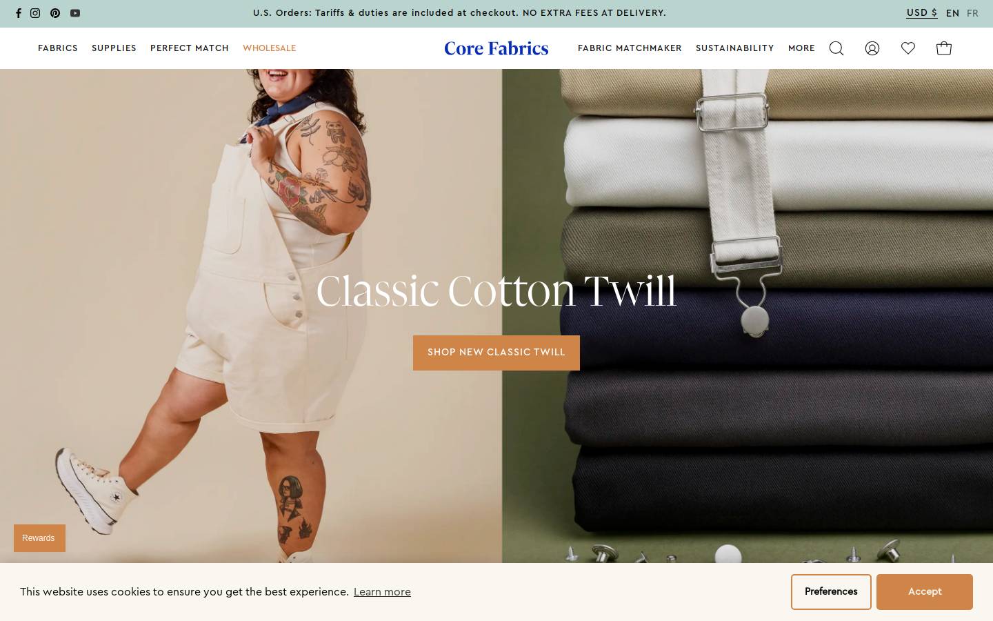 corefabricstore.com homepage screenshot