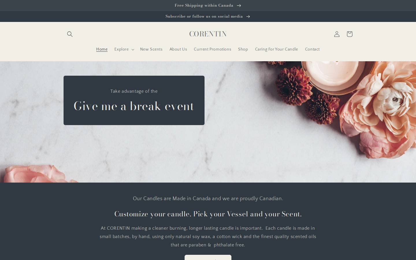 corentincandles.ca homepage screenshot