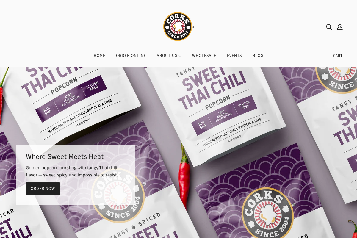 Corks Popcorn homepage screenshot