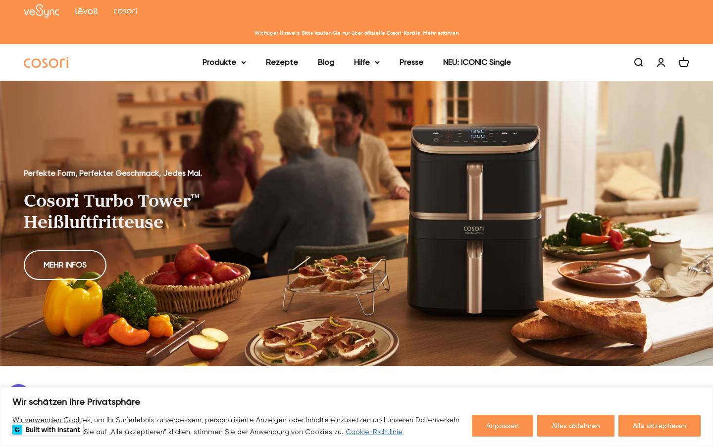 Cosori homepage screenshot