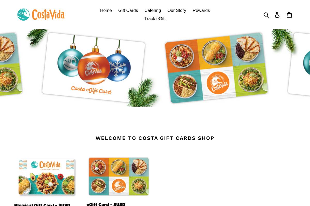 costavidagiftcards.com homepage screenshot