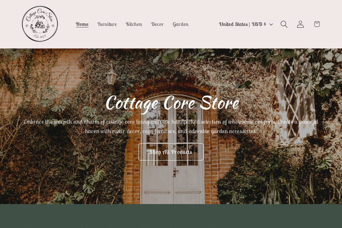 Cottage Core Store homepage screenshot