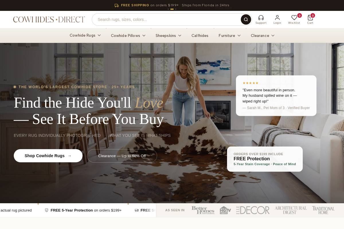 cowhidesdirect.com homepage screenshot