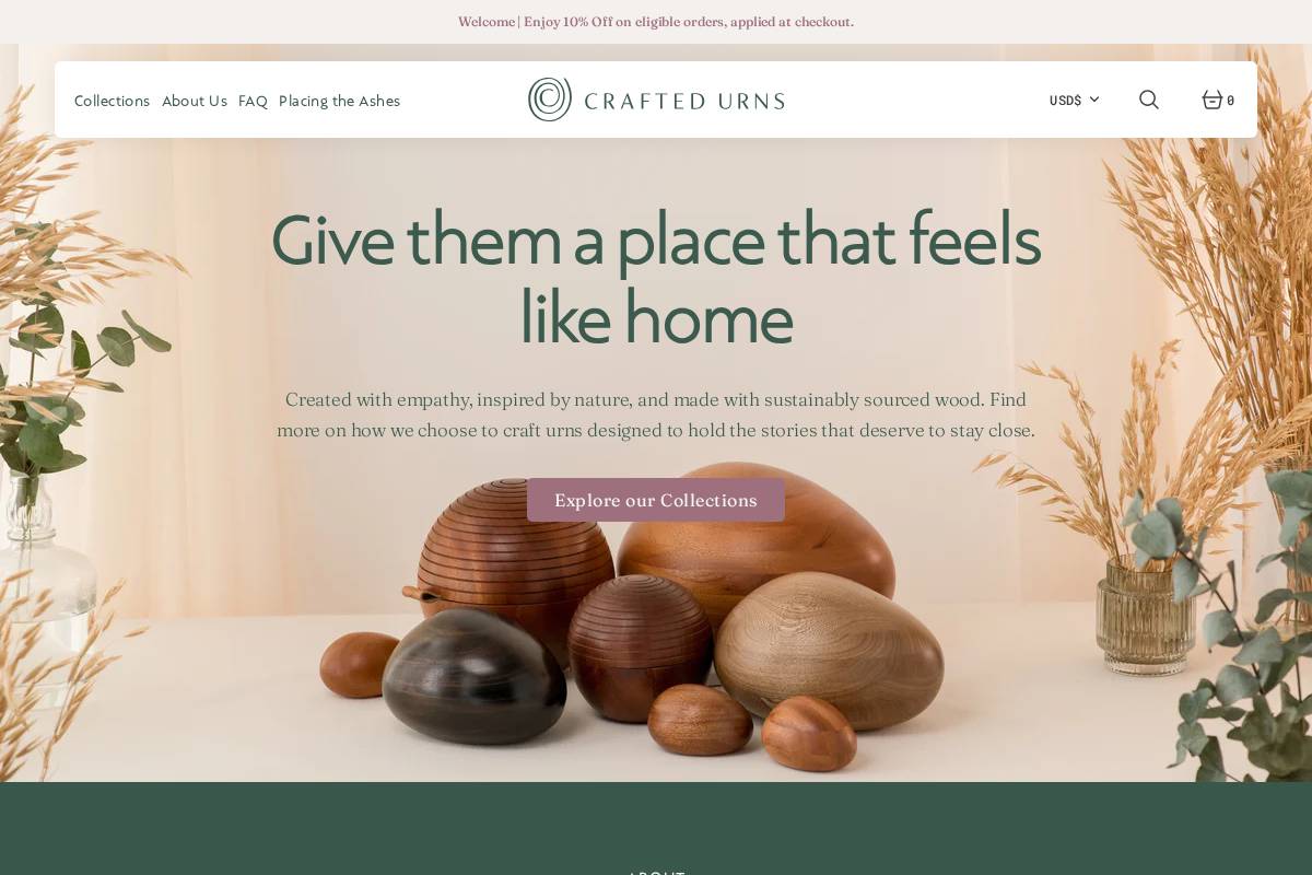 craftedurns.com homepage screenshot
