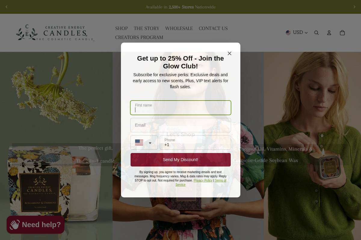 Creative Energy Candles homepage screenshot