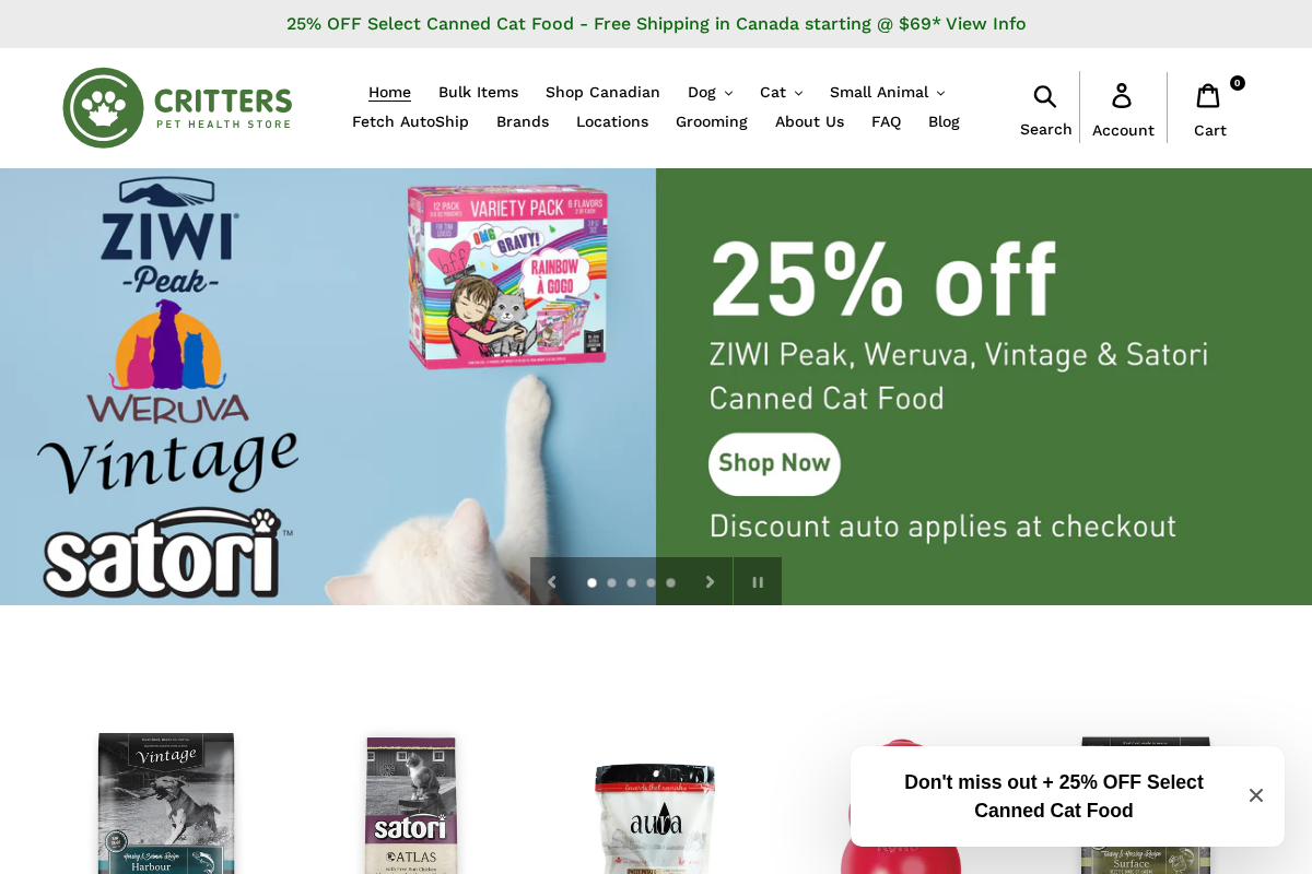 Critters Pet Health Store homepage screenshot