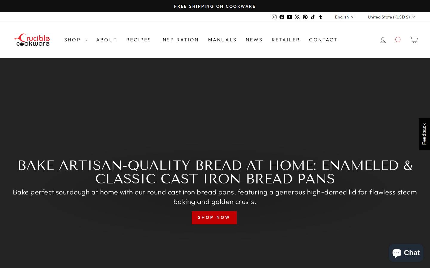 Crucible Cookware homepage screenshot
