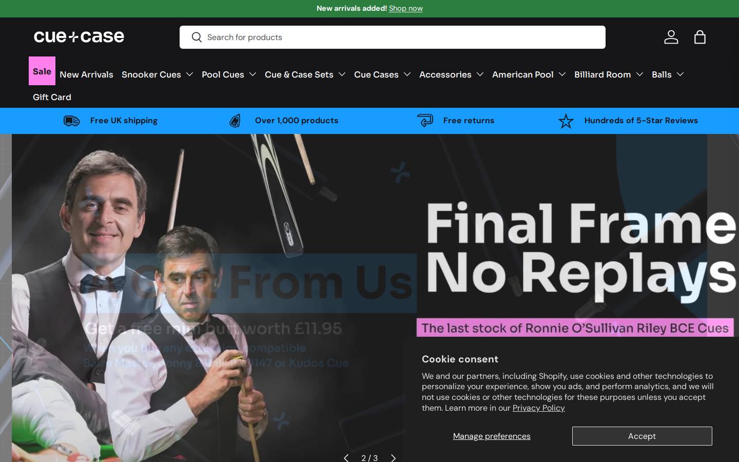 Cue & Case Online UK Store homepage screenshot