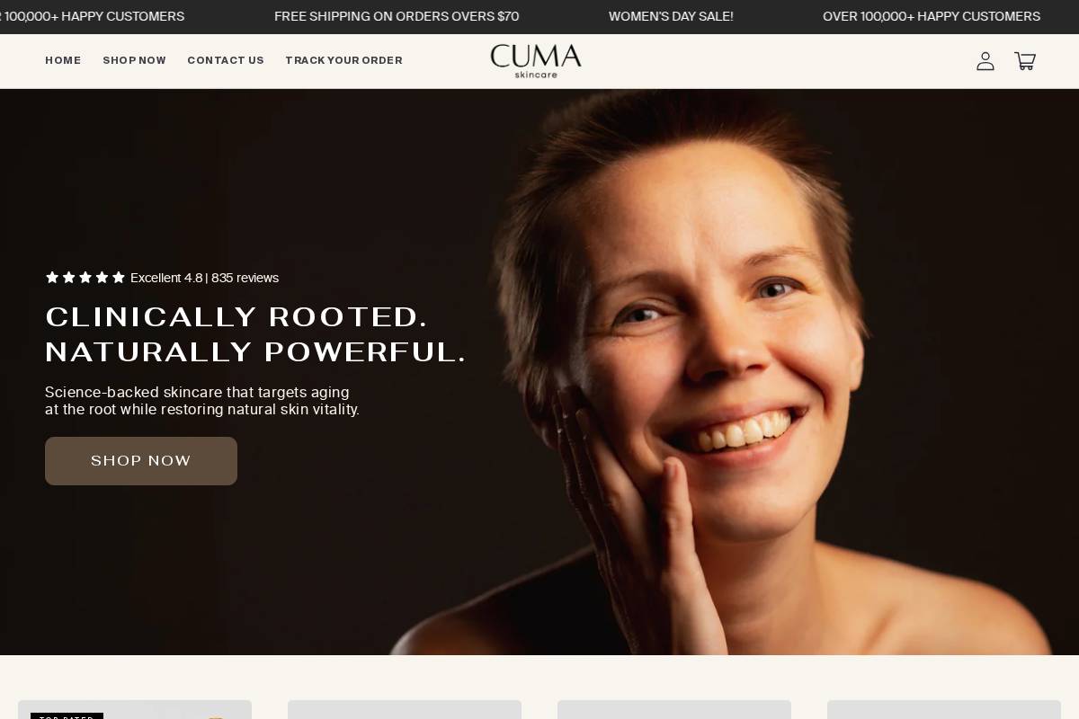 CUMA Skincare homepage screenshot