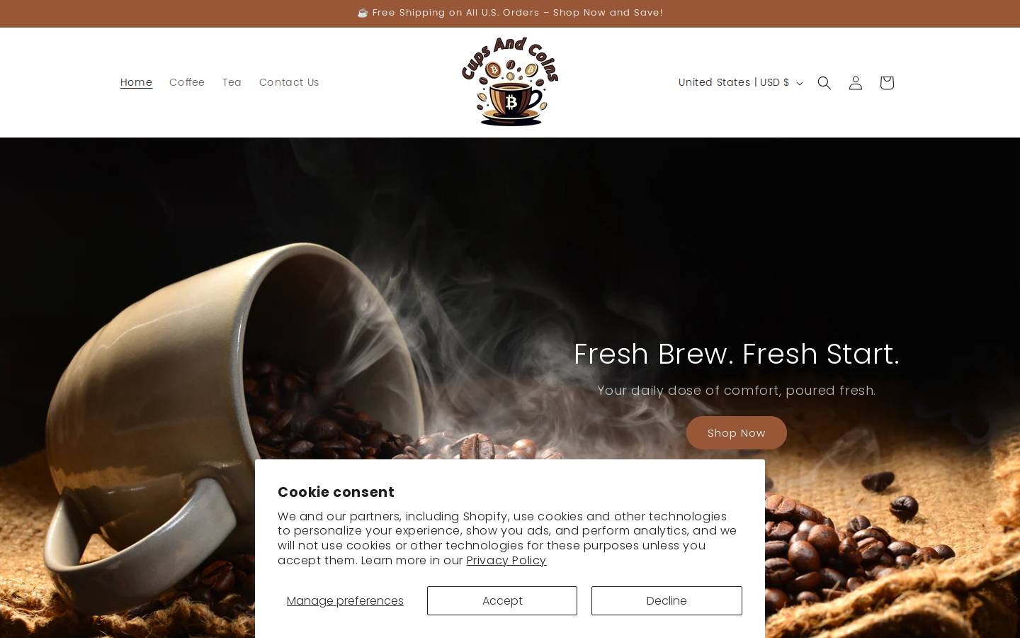 cupsandcoins.com homepage screenshot