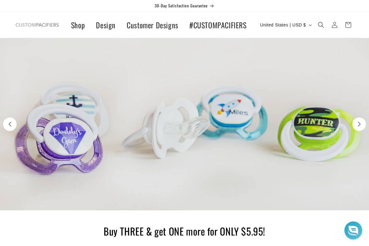 custompacifiers.com homepage screenshot