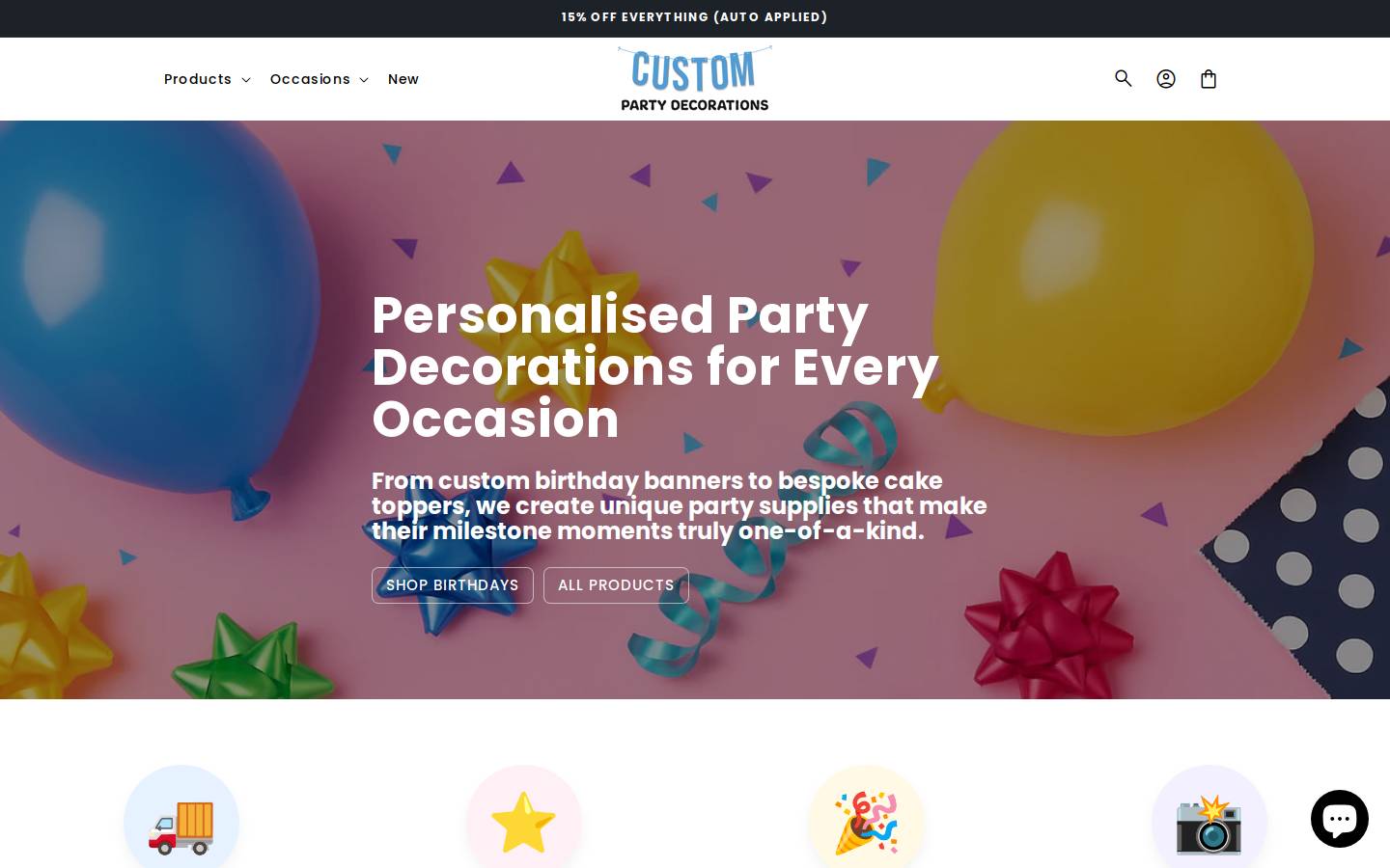 Custom Party Decorations homepage screenshot