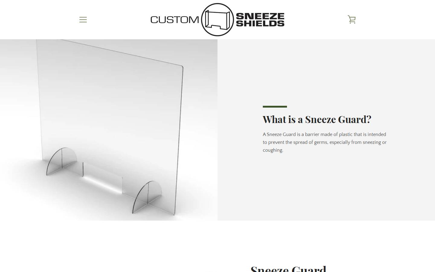 customsneezeshields.com homepage screenshot