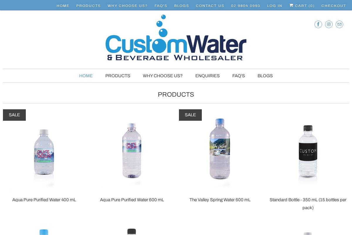 Custom Water homepage screenshot