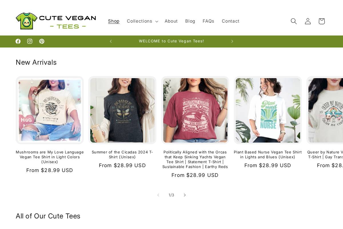 cutevegantees.com homepage screenshot