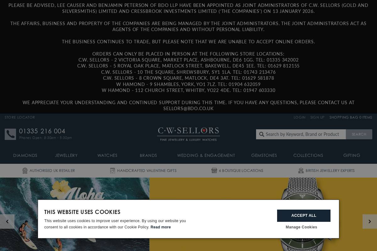 C W Sellors Jewellers homepage screenshot