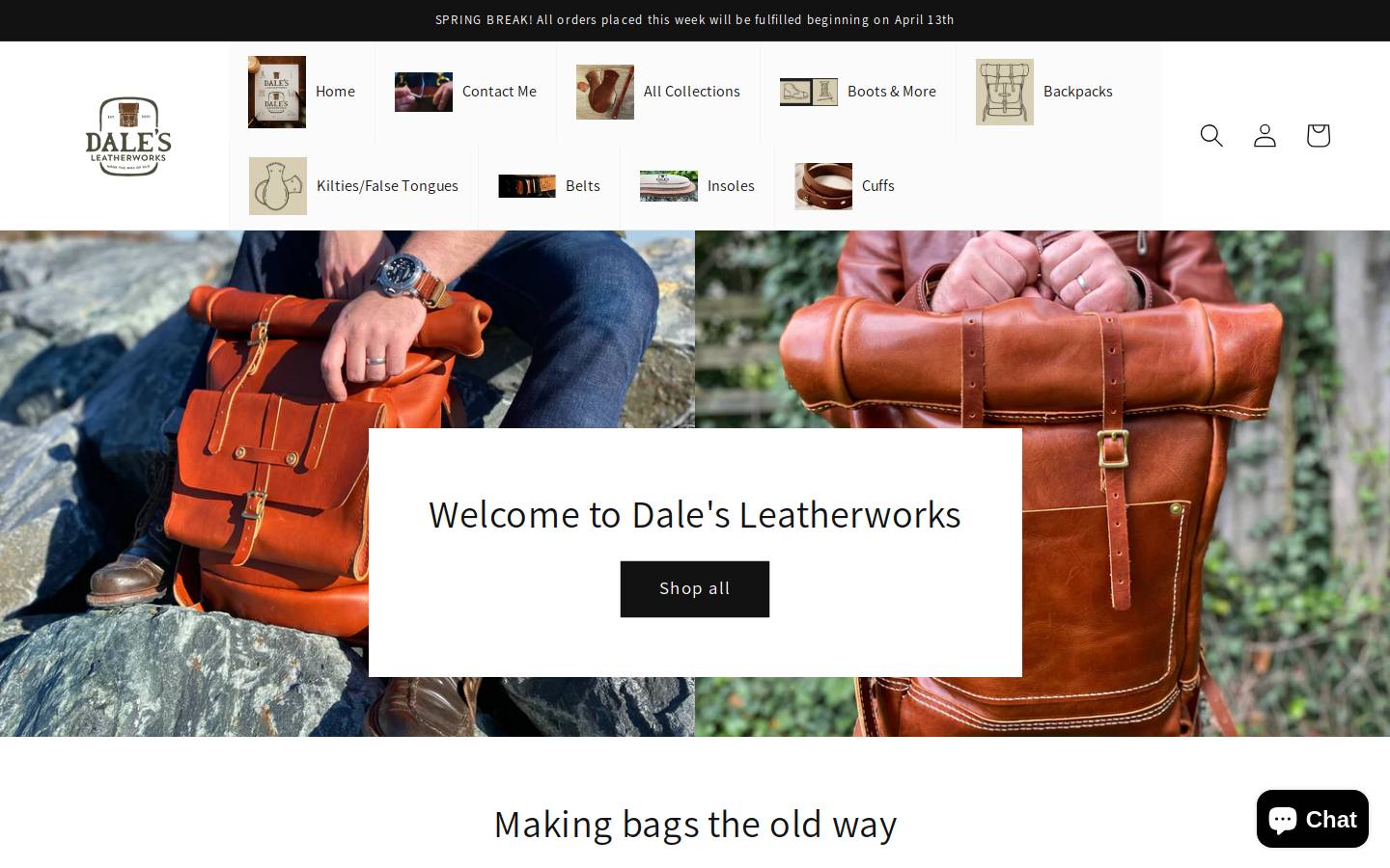 dalesleatherworks.com homepage screenshot