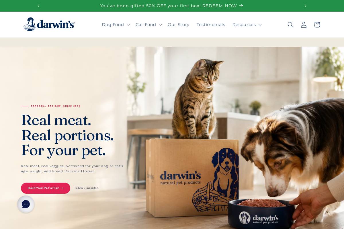 Darwin's Natural Pet Products homepage screenshot