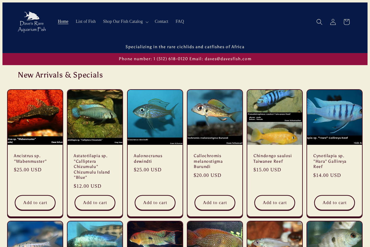 Dave's Rare Aquarium Fish homepage screenshot