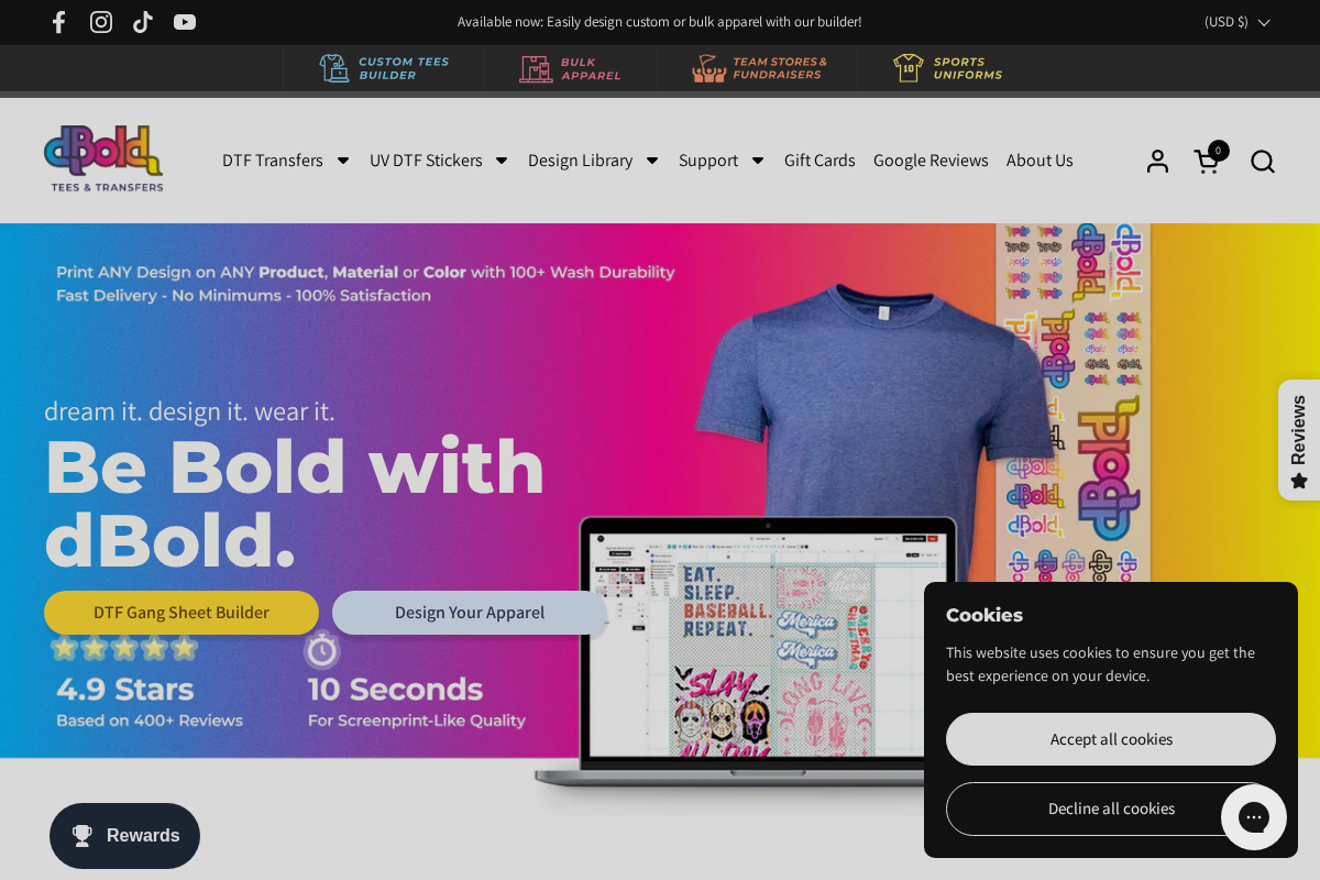 dBoldTees & DTF Transfers homepage screenshot