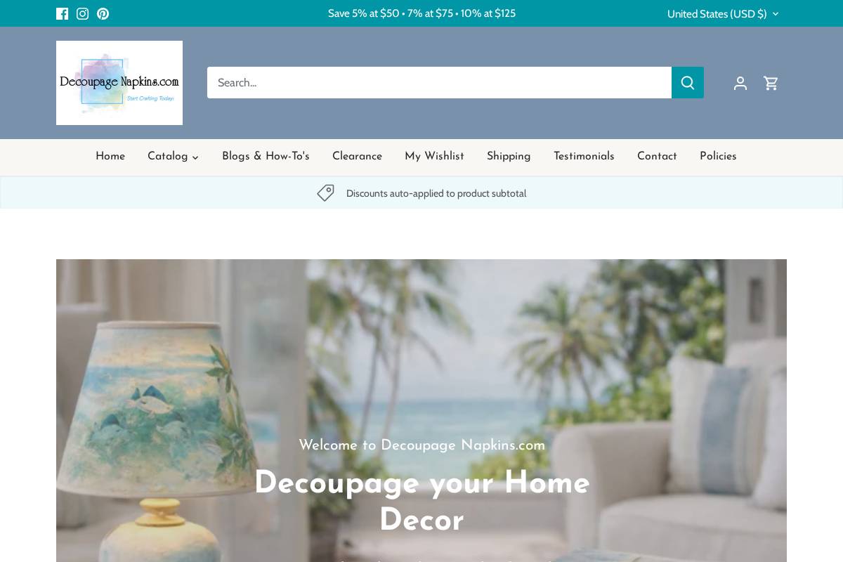 decoupagenapkins.com homepage screenshot