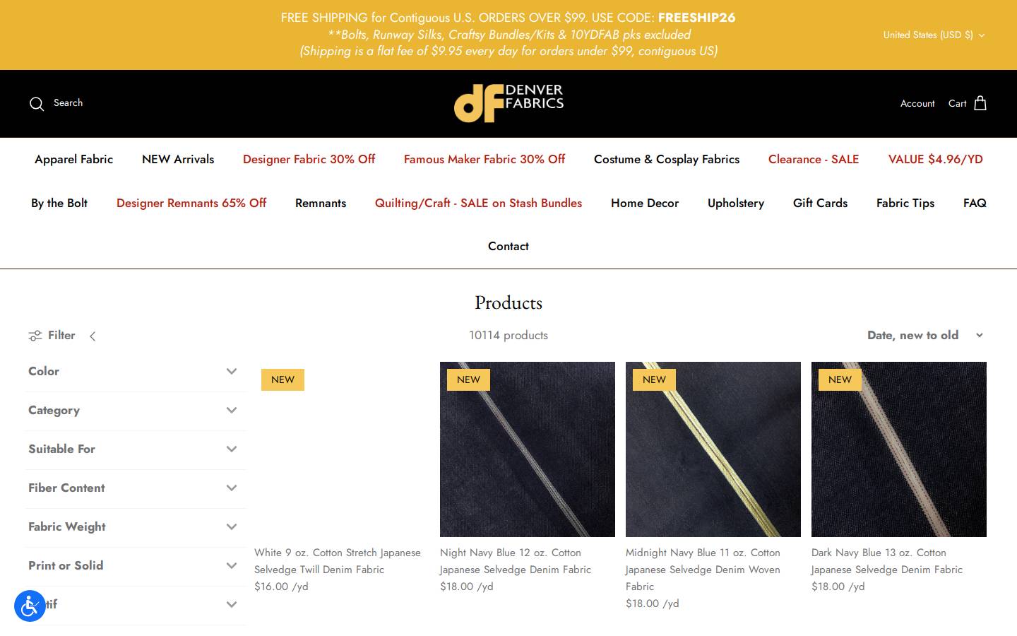 Denver Fabrics homepage screenshot