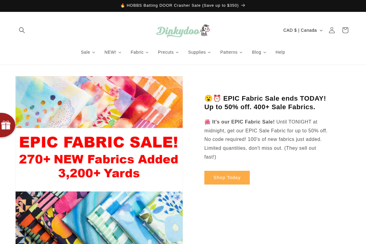 Dinkydoo Fabrics homepage screenshot