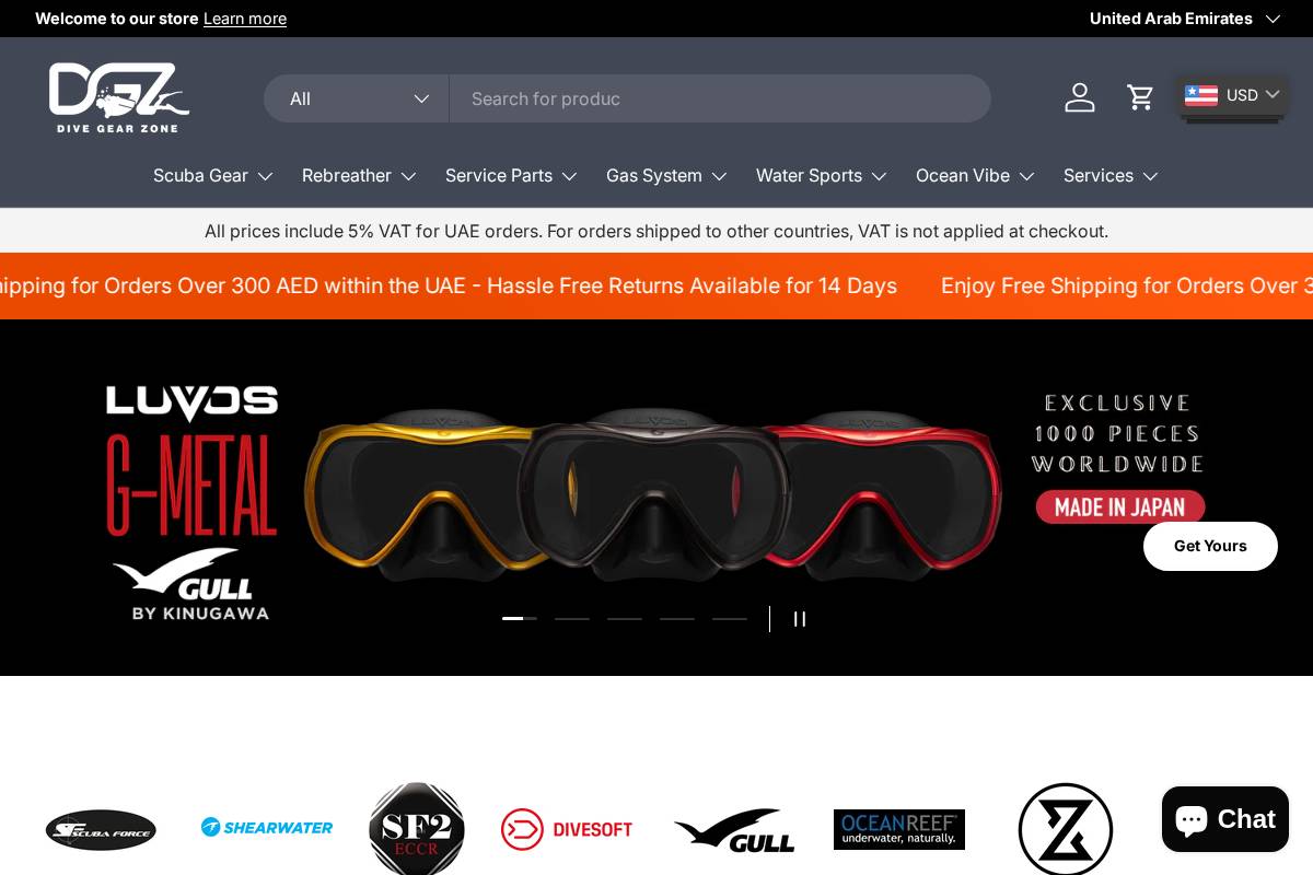 divegearzone.com homepage screenshot