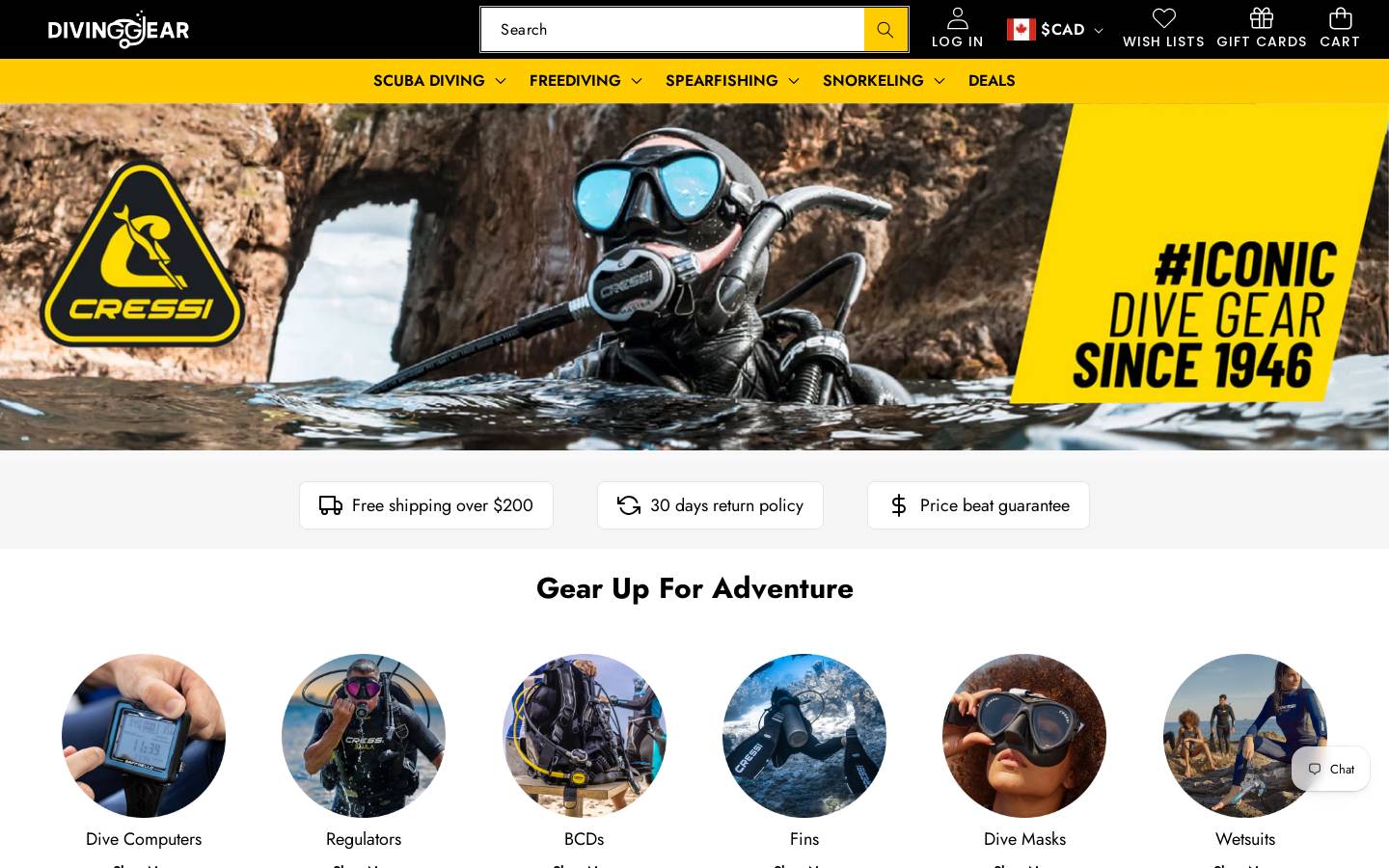 divinggear.ca homepage screenshot