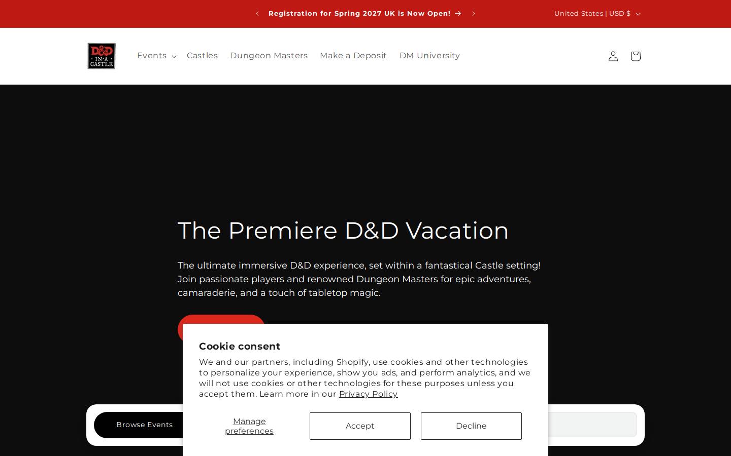 dndinacastle.com homepage screenshot